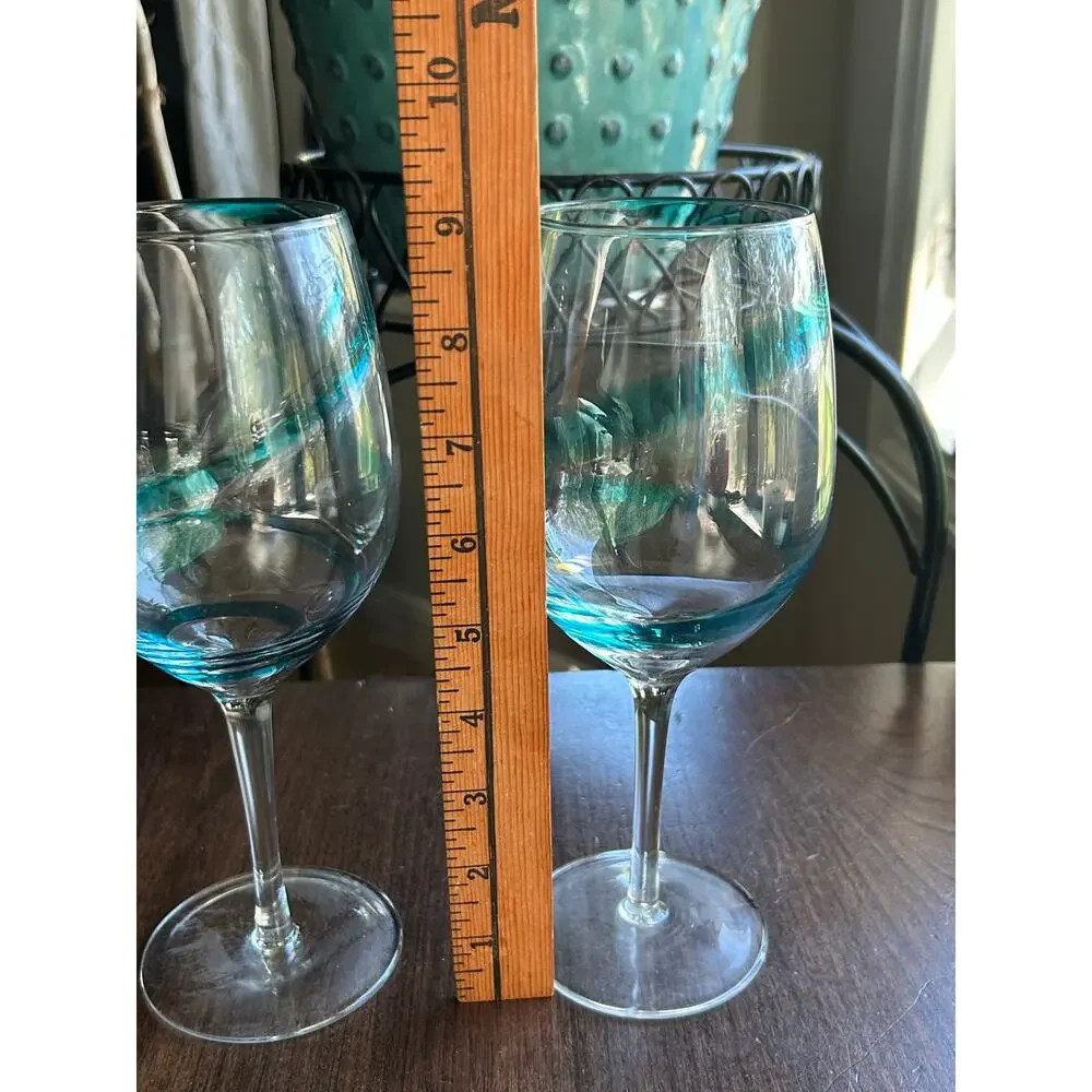 2 Pier 1 Russell & Company teal blue swirl wine glasses